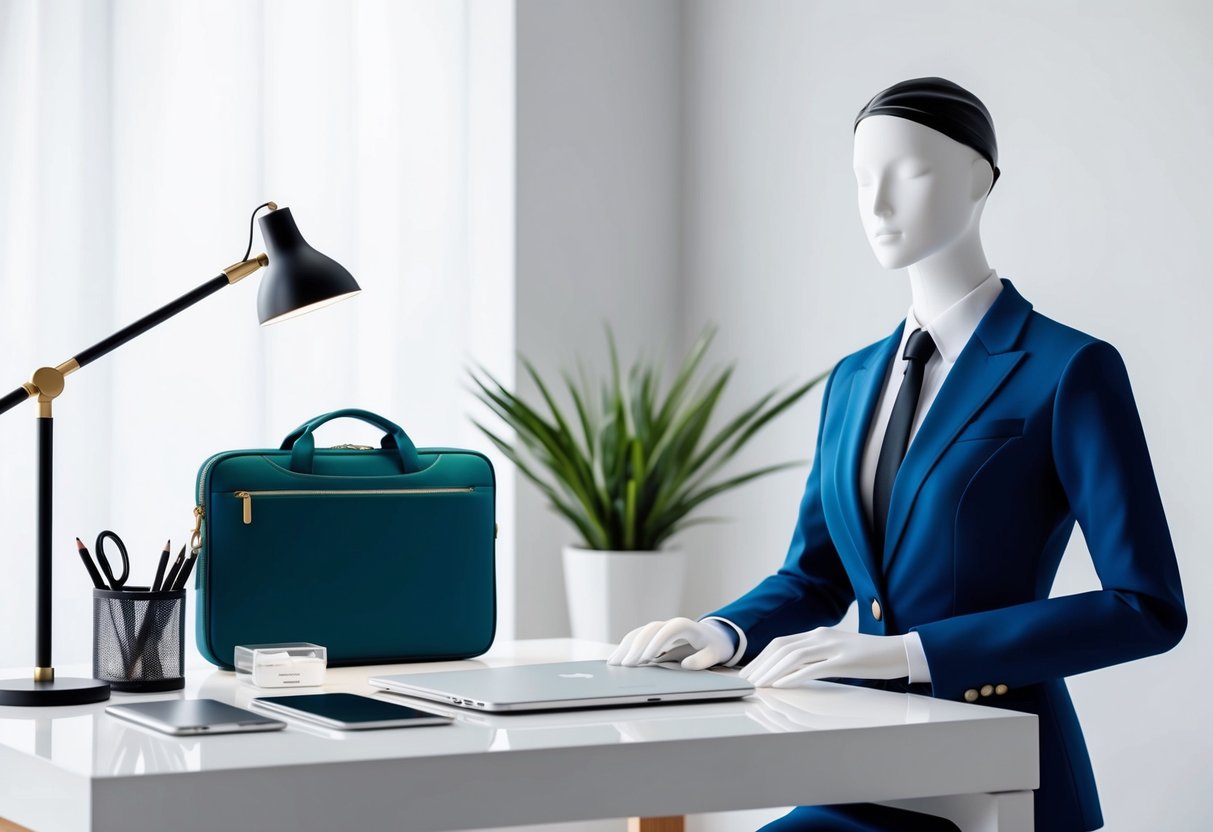 A sleek desk with organized accessories, a stylish laptop bag, and a well-dressed mannequin in professional workwear