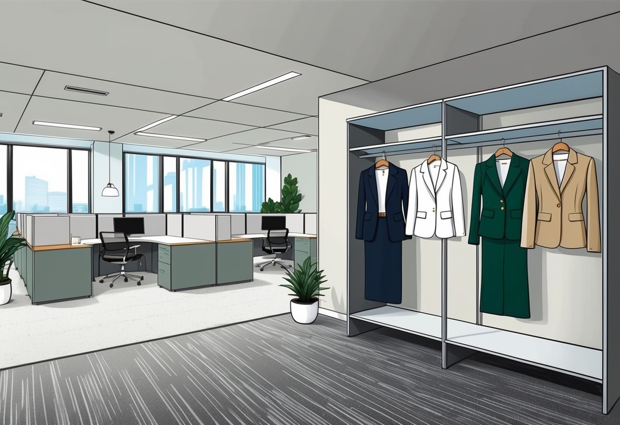 A sleek, modern office space with a mix of cubicles and open work areas. Neutral color palette with pops of greenery. Comfortable yet stylish workwear on display in a closet