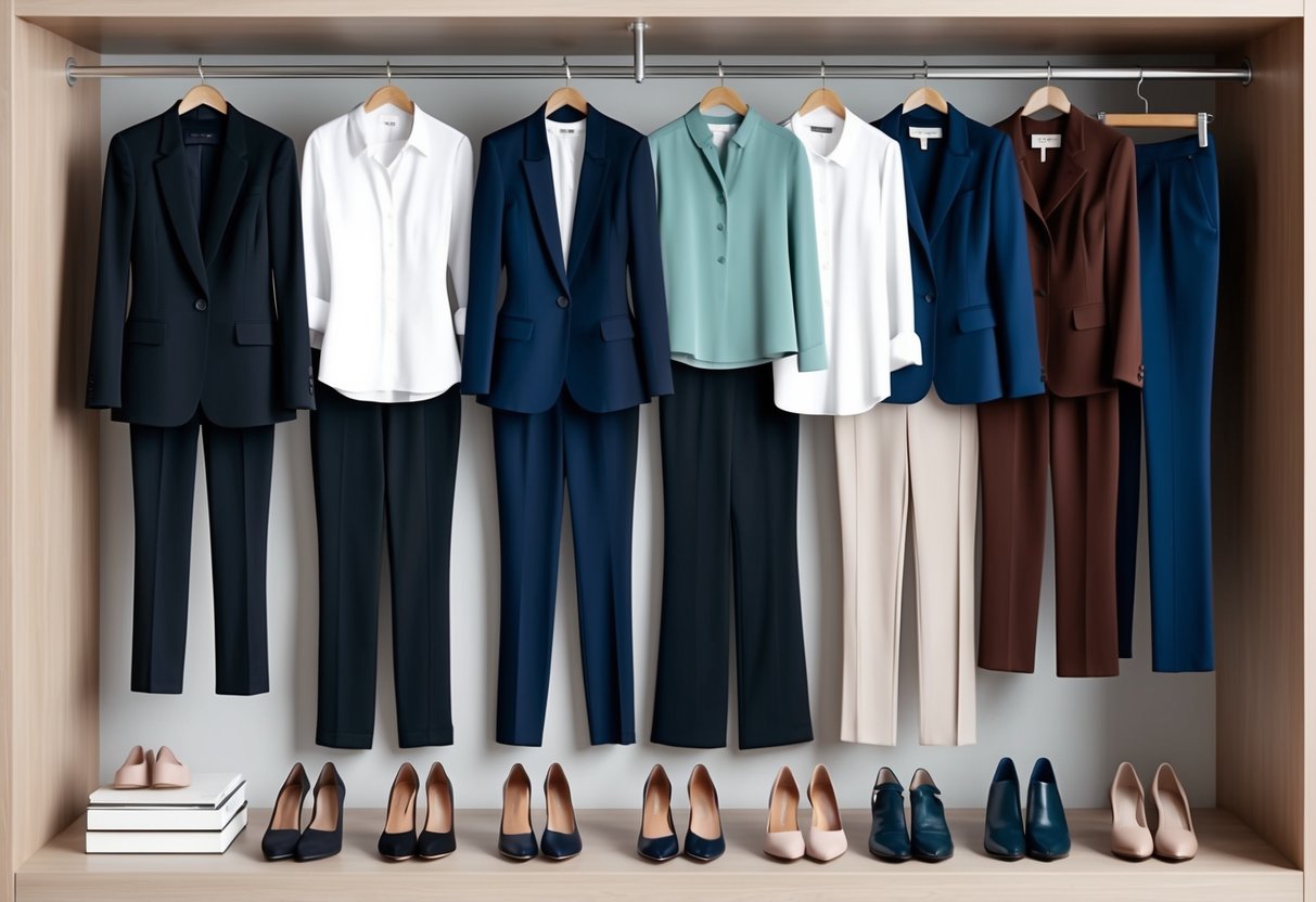 A well-organized closet filled with stylish and professional workwear pieces, including blazers, tailored pants, elegant blouses, and comfortable yet chic shoes