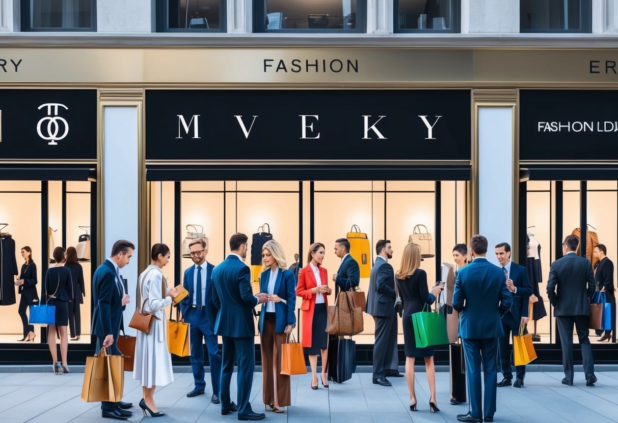 A row of high-end fashion logos displayed on luxury storefronts, with crowds of shoppers and investors browsing and examining the merchandise