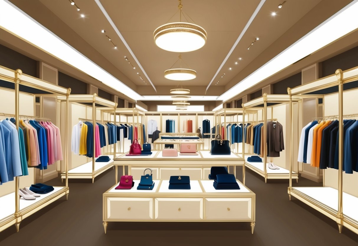A bustling marketplace with high-end fashion items displayed on elegant racks, showcasing the top-performing luxury brands for resale and investment