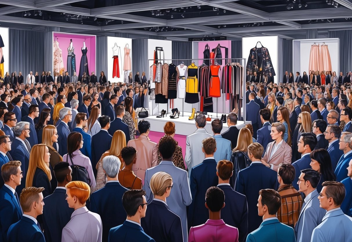 A crowded fashion event with designer collaborations and limited edition items on display, surrounded by eager buyers and investors