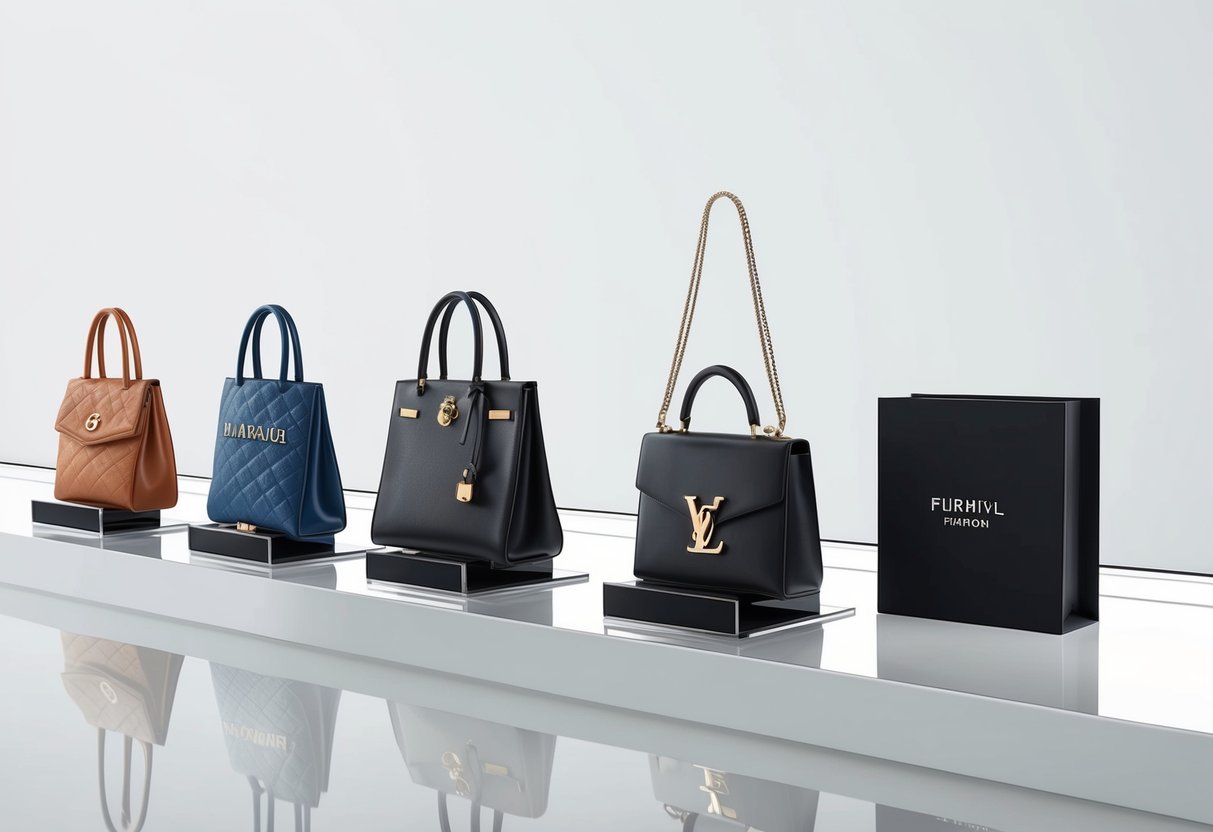 A row of luxury fashion items displayed on a pristine white background, showcasing their pristine condition and authentic branding
