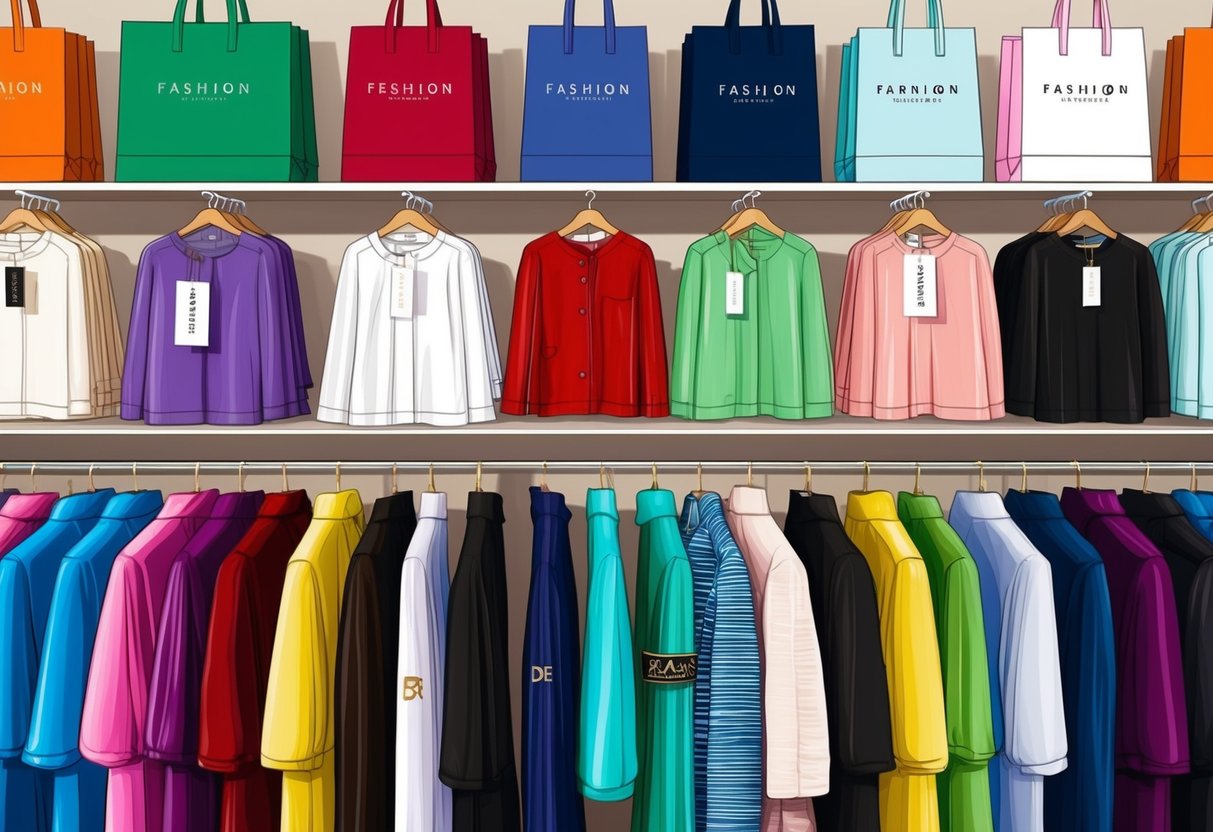 A colorful array of high-end fashion labels displayed on shelves, with price tags and designer logos visible