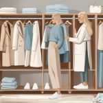 A woman selecting clothes from an organized closet featuring a small collection of versatile clothing items and accessories arranged neatly on shelves and hanging rods.