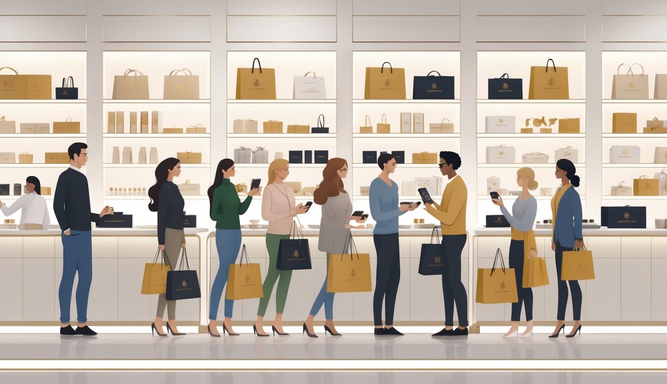 Everyday shoppers receiving exclusive loyalty perks from store associates in a luxury retail setting.