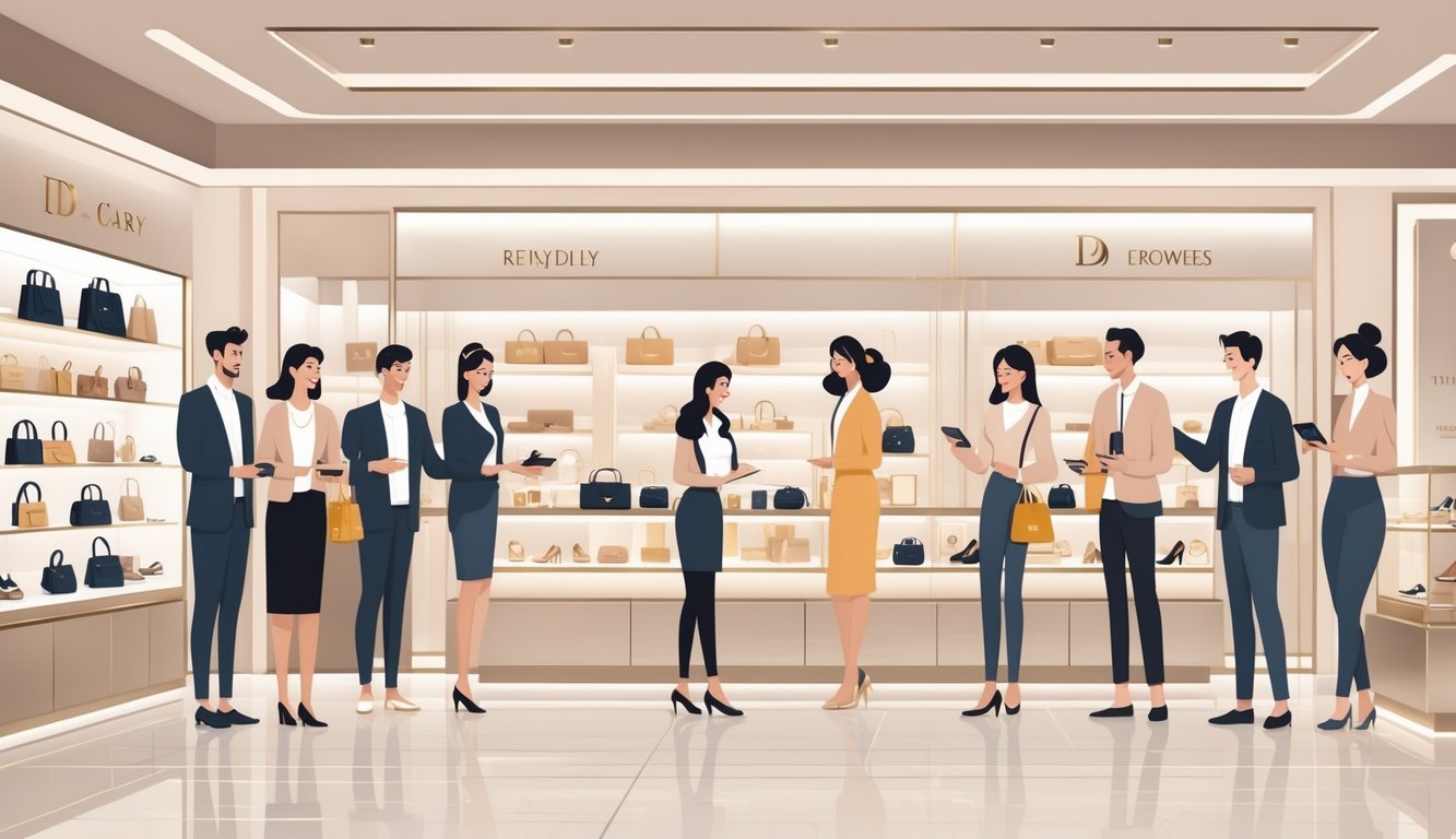 Shoppers browsing luxury products in an upscale store with staff providing attentive service and customers using smartphones to access rewards.