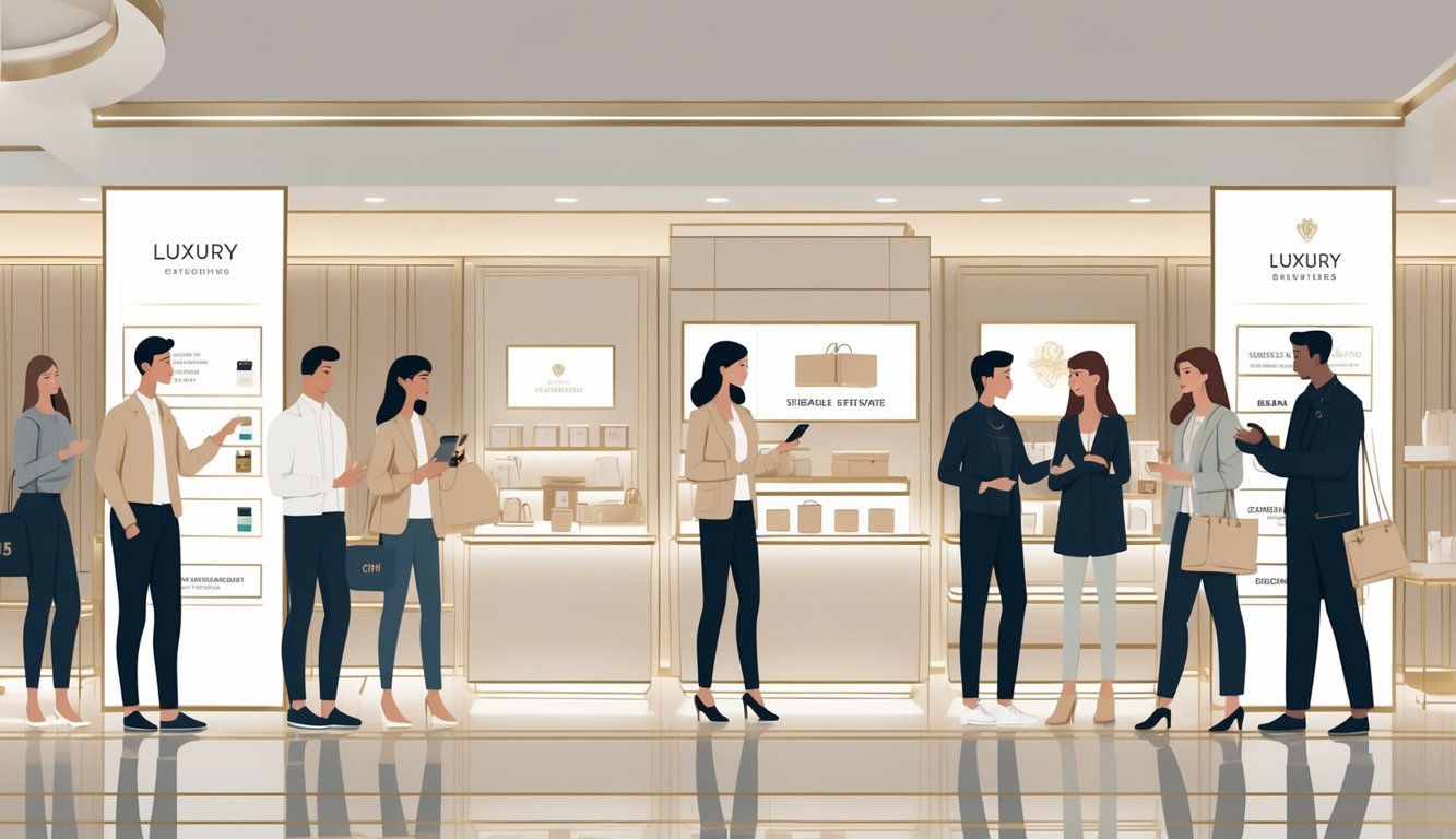 A retail store scene showing luxury brand representatives interacting with diverse shoppers surrounded by elegant displays and loyalty rewards.