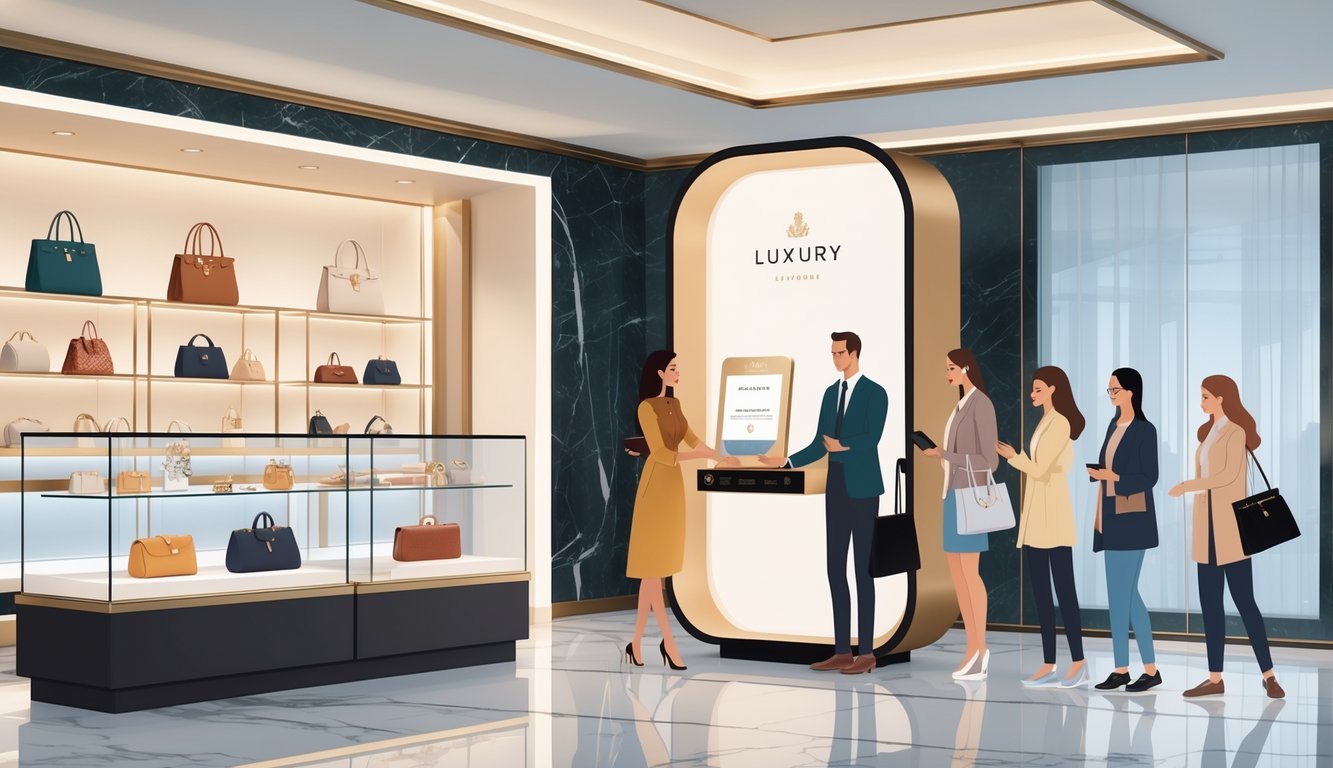 A luxury boutique interior with exclusive displays and everyday shoppers interacting with a modern loyalty program kiosk.