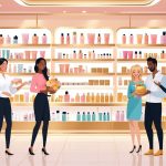 A bright beauty store interior with shelves of skincare, makeup, and haircare products, showing diverse customers shopping and a sales associate helping a customer.