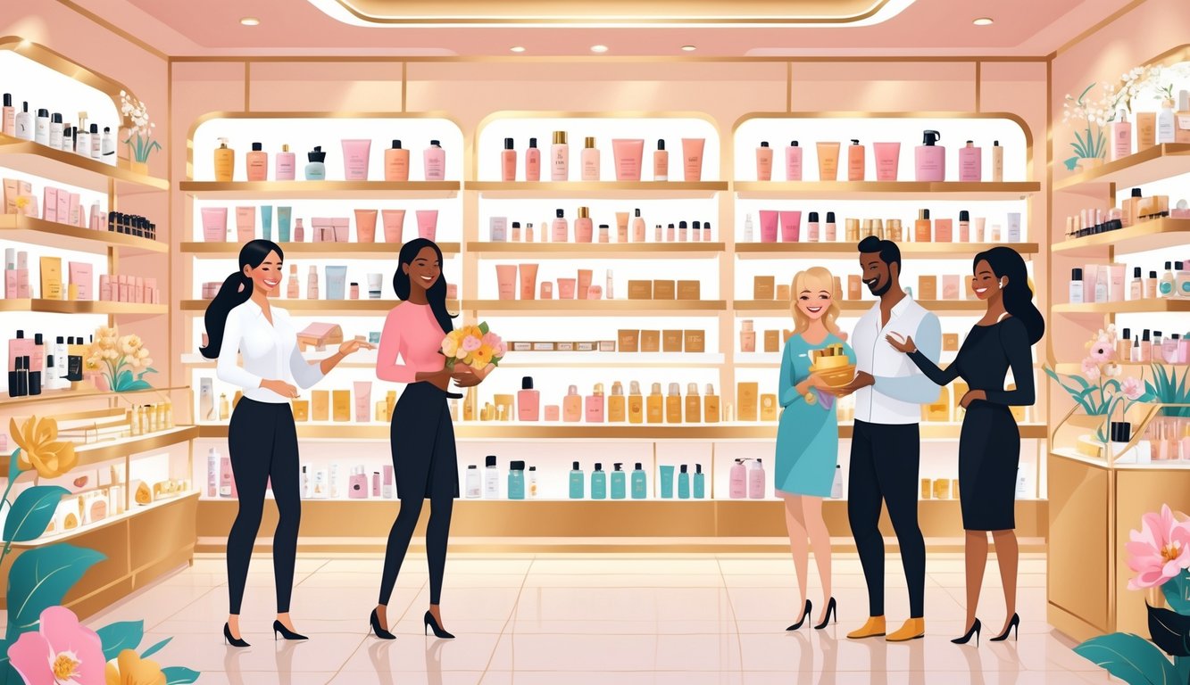 A bright beauty store interior with shelves of skincare, makeup, and haircare products, showing diverse customers shopping and a sales associate helping a customer.