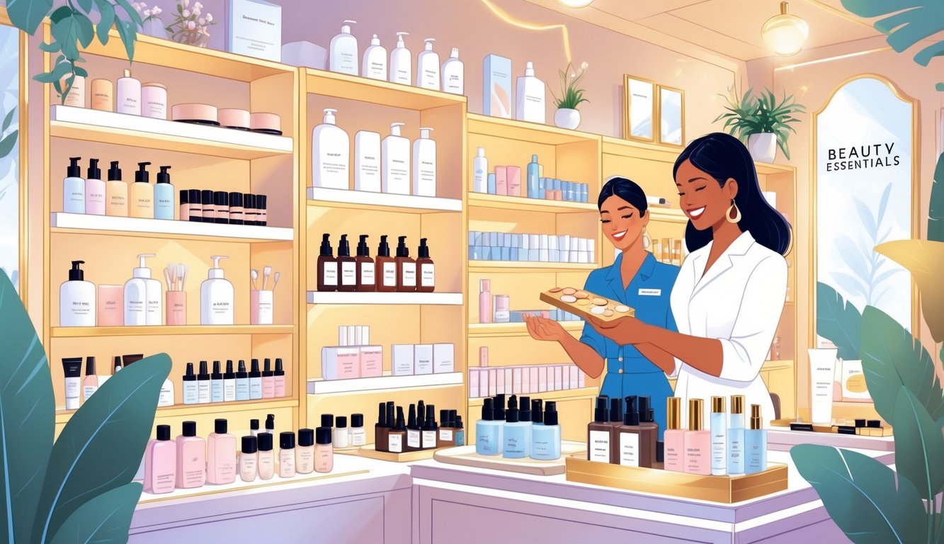 A beauty store interior with shelves of beauty products and a store assistant helping a customer.