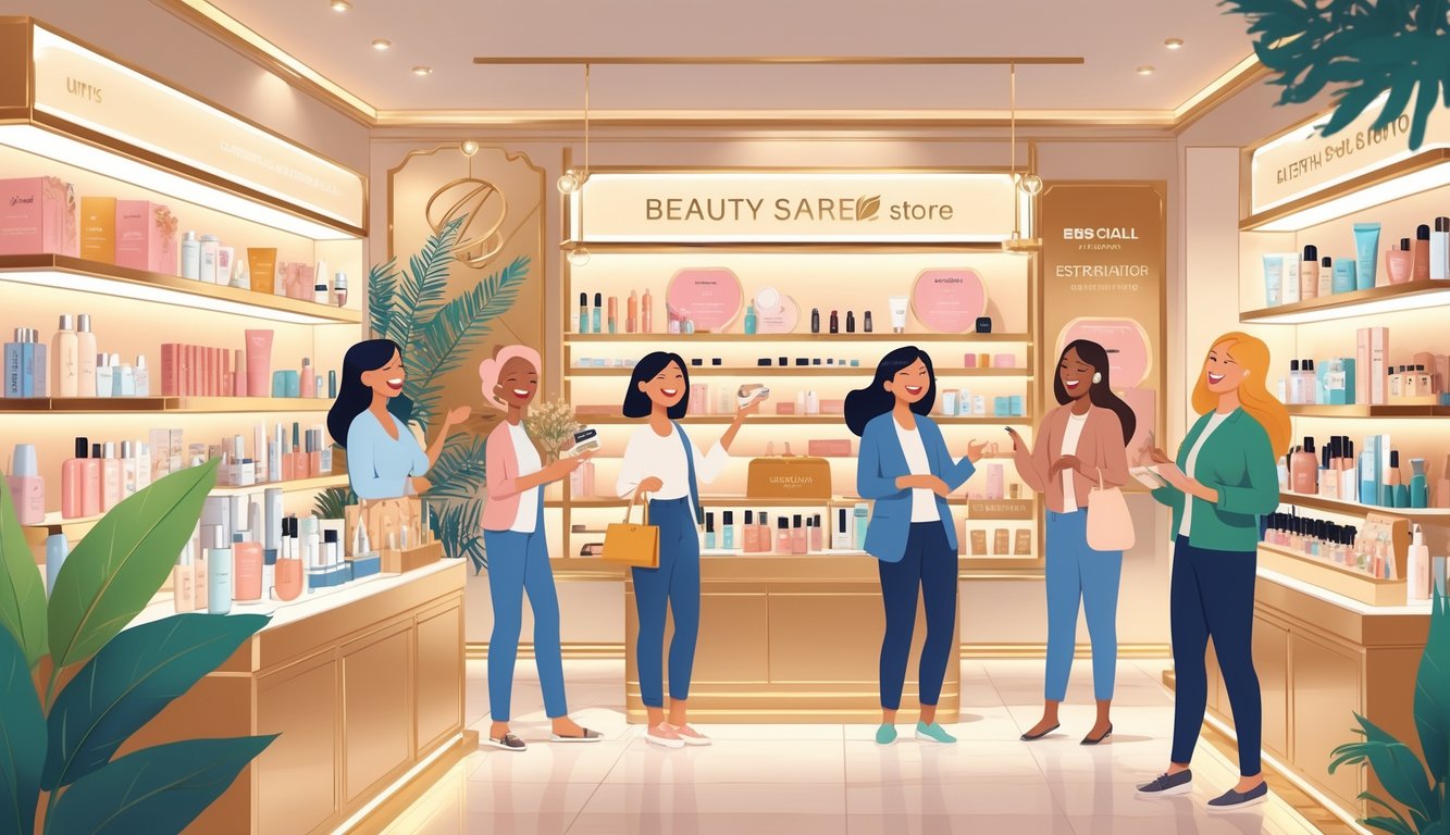 A bright beauty store interior with shelves of skincare and makeup products and happy customers browsing and shopping.