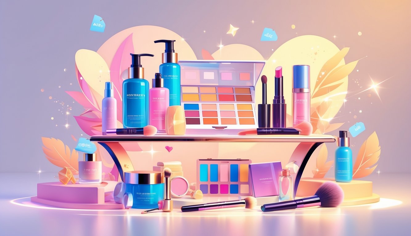 A display of various beauty products including skincare bottles, makeup palettes, lipsticks, and brushes arranged on a table with soft lighting and decorative accents suggesting discounts.