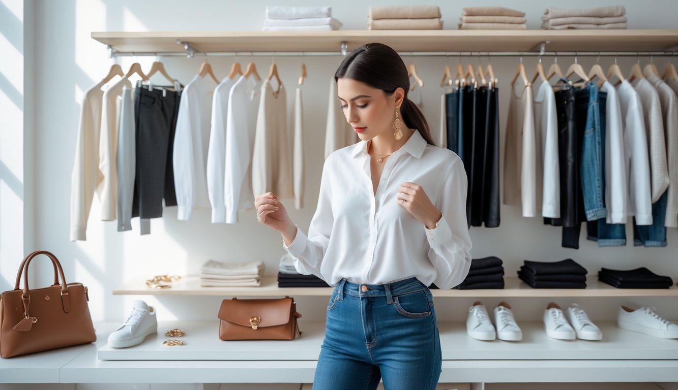 A woman choosing clothes from a neatly organized minimalist wardrobe with neutral-colored clothing and accessories in a bright room.