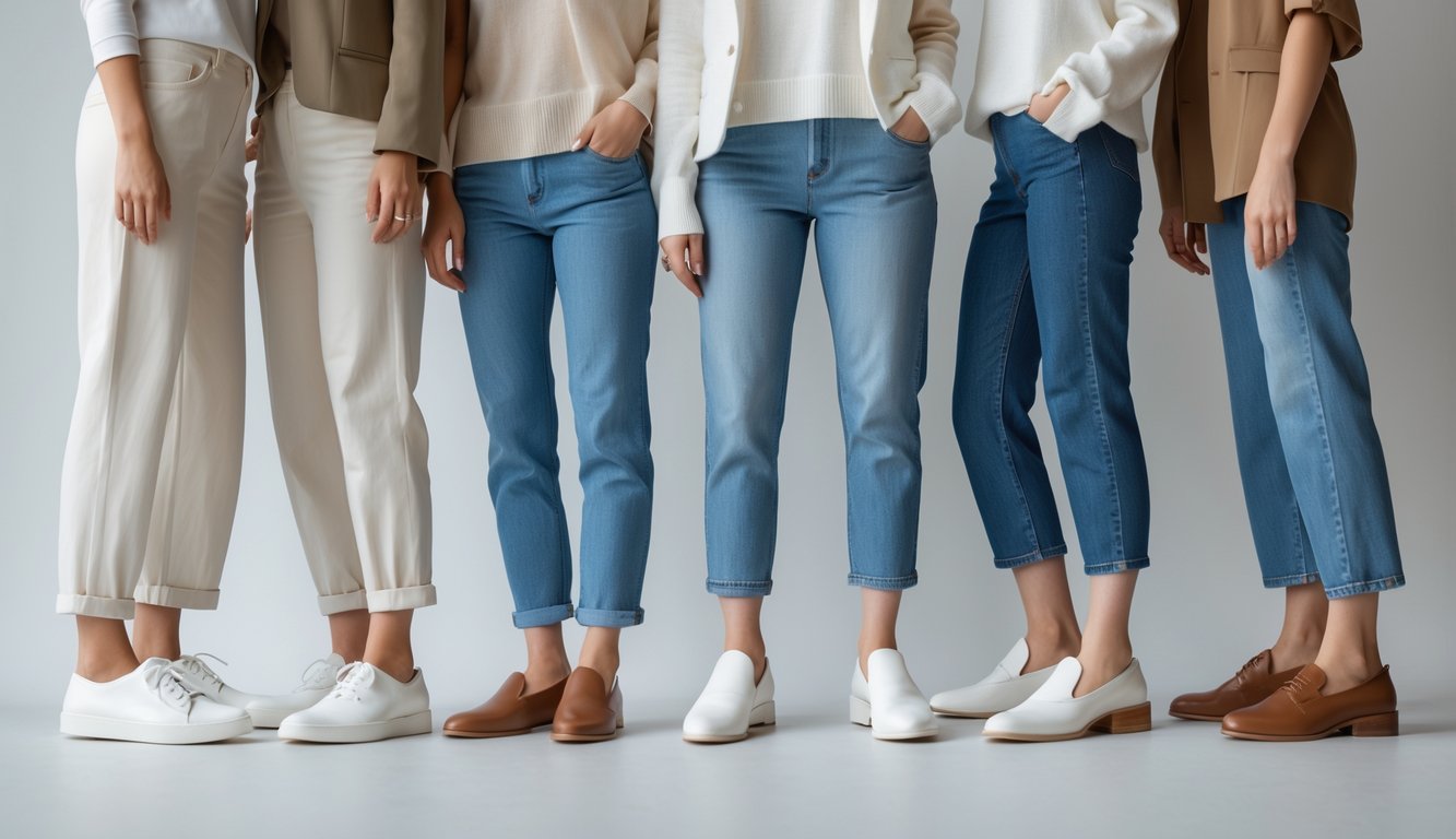 A group of people wearing different types of classic footwear paired with simple, neutral clothing in a clean indoor setting.