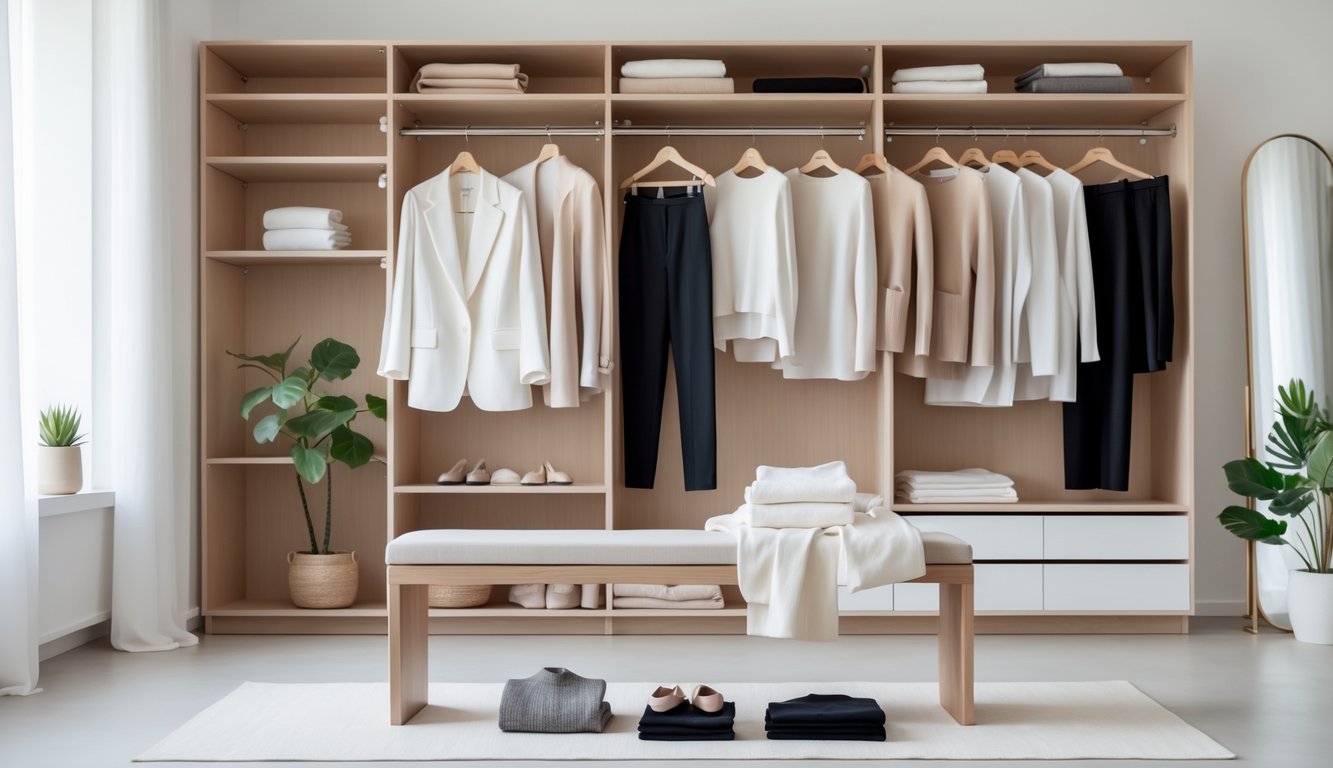 A neatly organized wardrobe with classic clothing items and a laid-out outfit in a bright, tidy room.