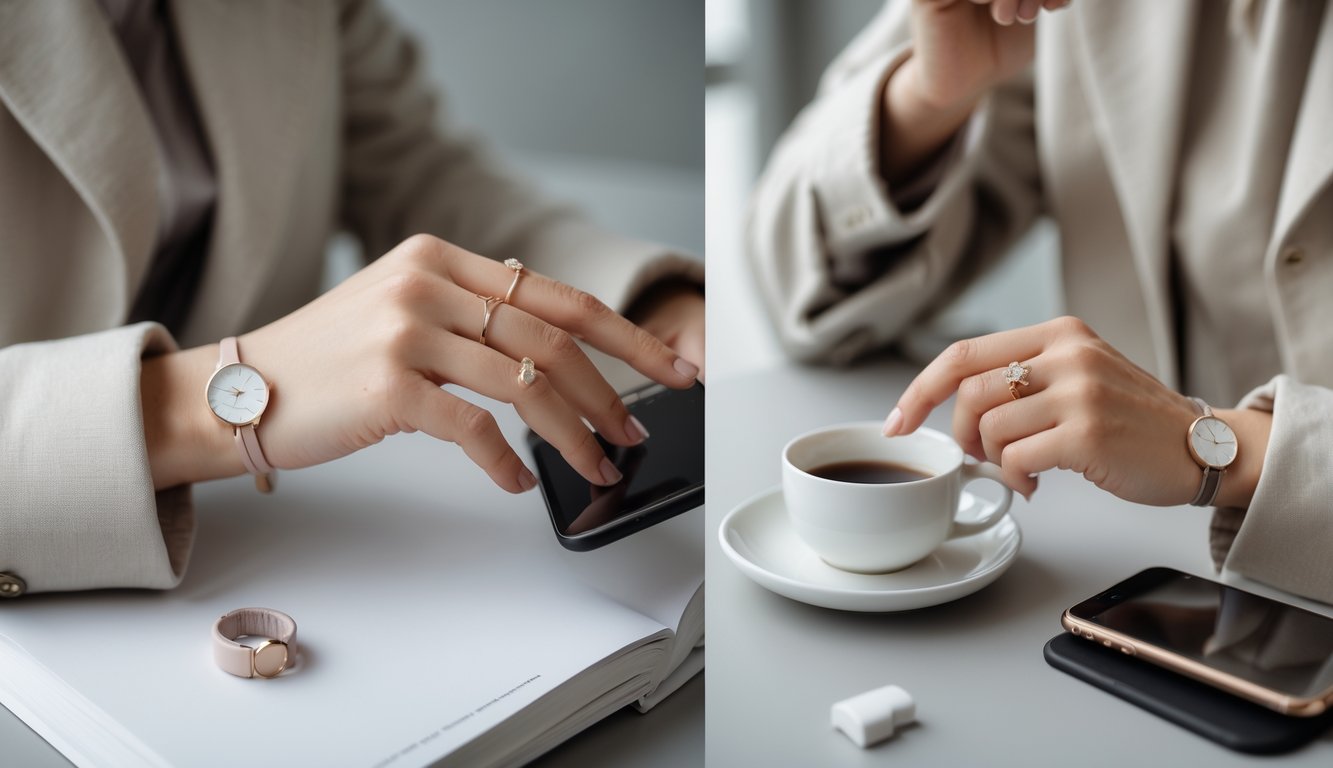 A person wearing simple, elegant accessories like a wristwatch and rings, shown in a close-up while holding a coffee cup.