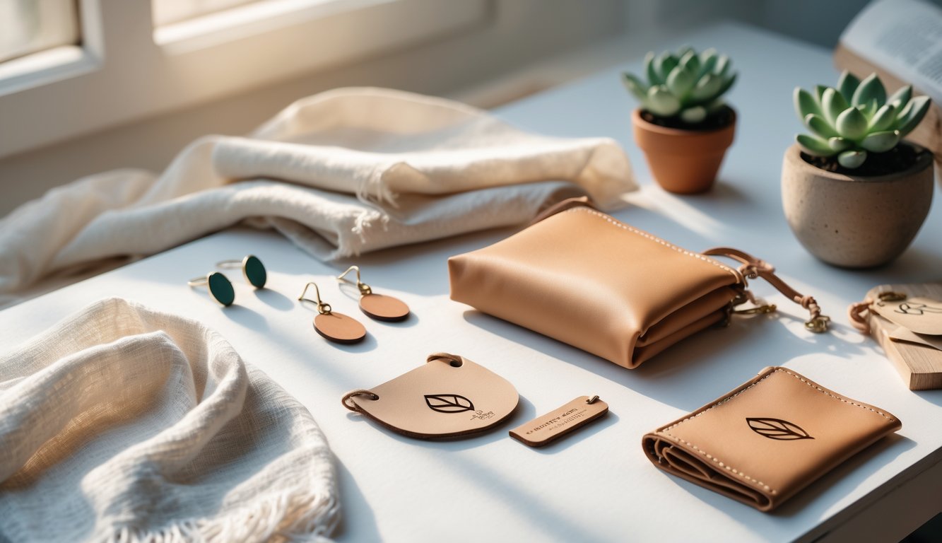 A clean tabletop with simple eco-friendly fashion accessories including earrings, a scarf, and a leather pouch, surrounded by a small plant and recycled paper.