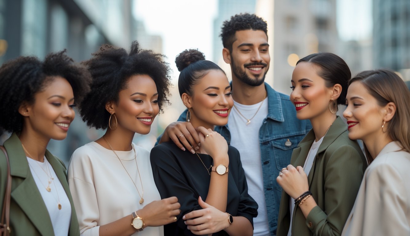 A group of diverse people wearing simple accessories, standing together outdoors in a city.