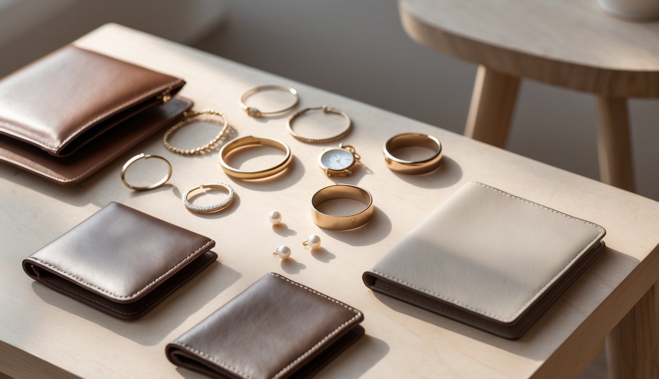 A neatly arranged display of simple jewelry, leather wallets, and elegant watches on a wooden table.