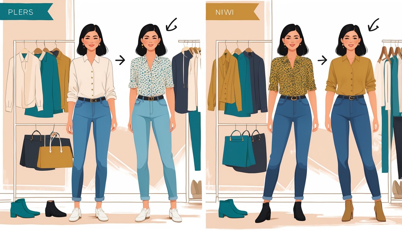 A person standing in a room showing before and after outfit changes, with classic clothes on one side and modern clothes on the other.