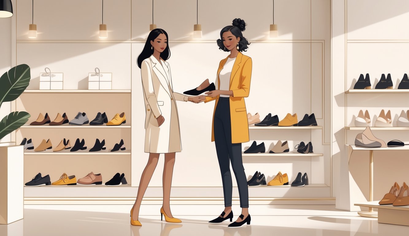 A fashion consultant helps a woman update her outfit by showing her modern shoes in a boutique setting.