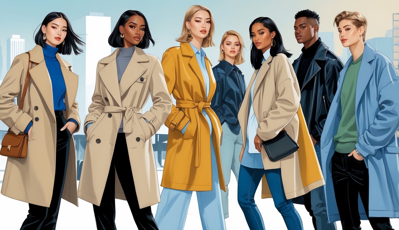 A group of people wearing different modern outerwear pieces standing confidently in an urban environment.