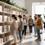 Shoppers looking at simple, minimalist packaged products on shelves in a clean, modern store.