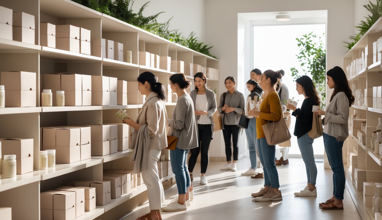 Shoppers looking at simple, minimalist packaged products on shelves in a clean, modern store.
