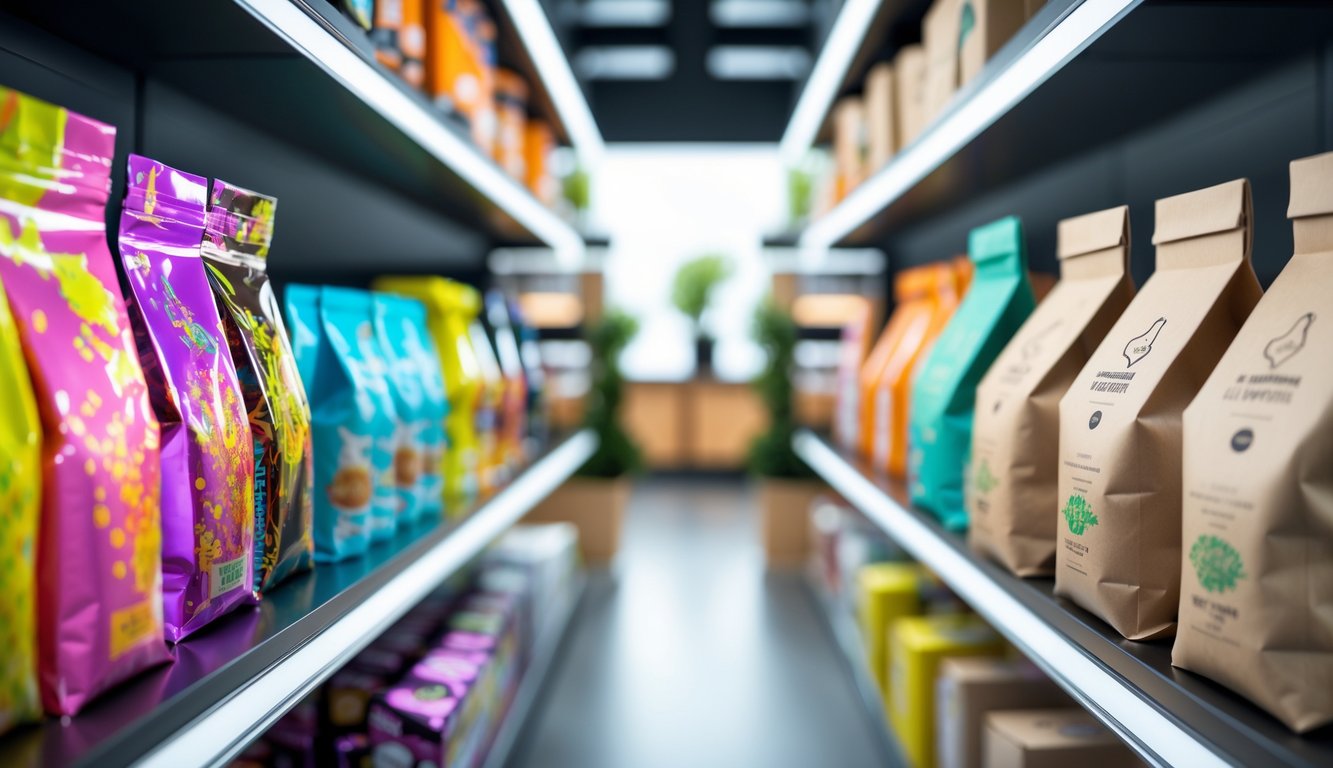 Retail shelf showing a transition from bright, flashy product packaging to simple, eco-friendly packaging in a modern store.