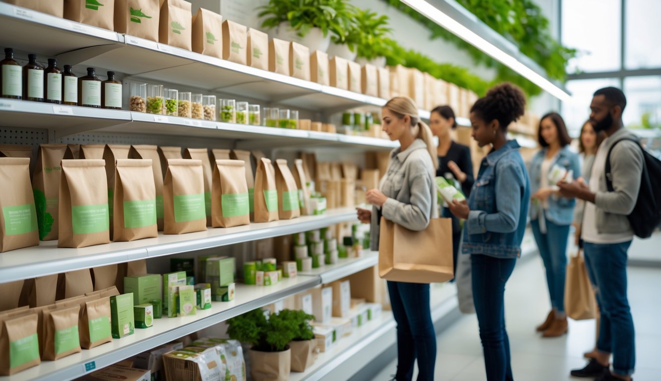 A retail shelf displaying eco-friendly products with simple packaging and shoppers carrying reusable bags in a store with plants.