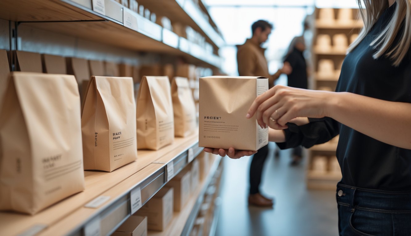 A person selecting a simple, eco-friendly packaged product from a store shelf with other shoppers in the background.