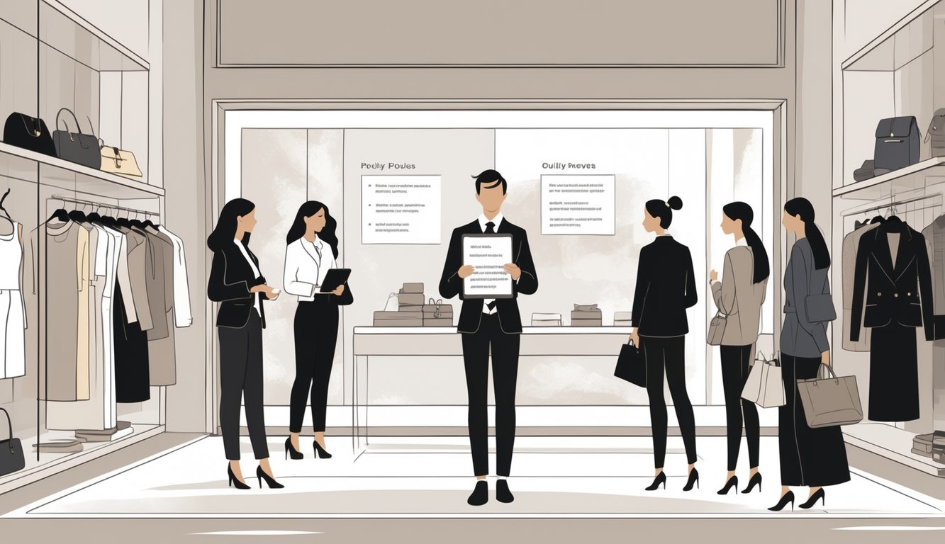 A store manager reviews a tablet inside a fashion boutique while customers browse clothing racks in a calm and elegant setting.