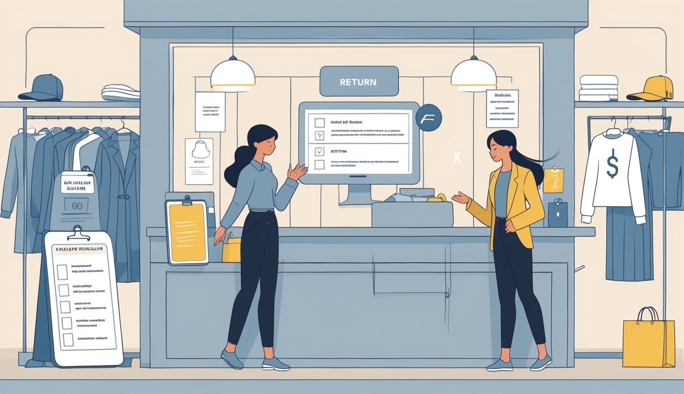 A customer and store employee at a clothing boutique returns counter, discussing return policies with clothing racks in the background.