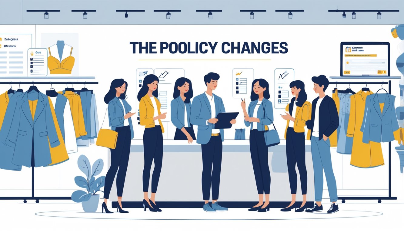 People in a fashion store discussing updated return policies with clothing racks and digital devices in the background.