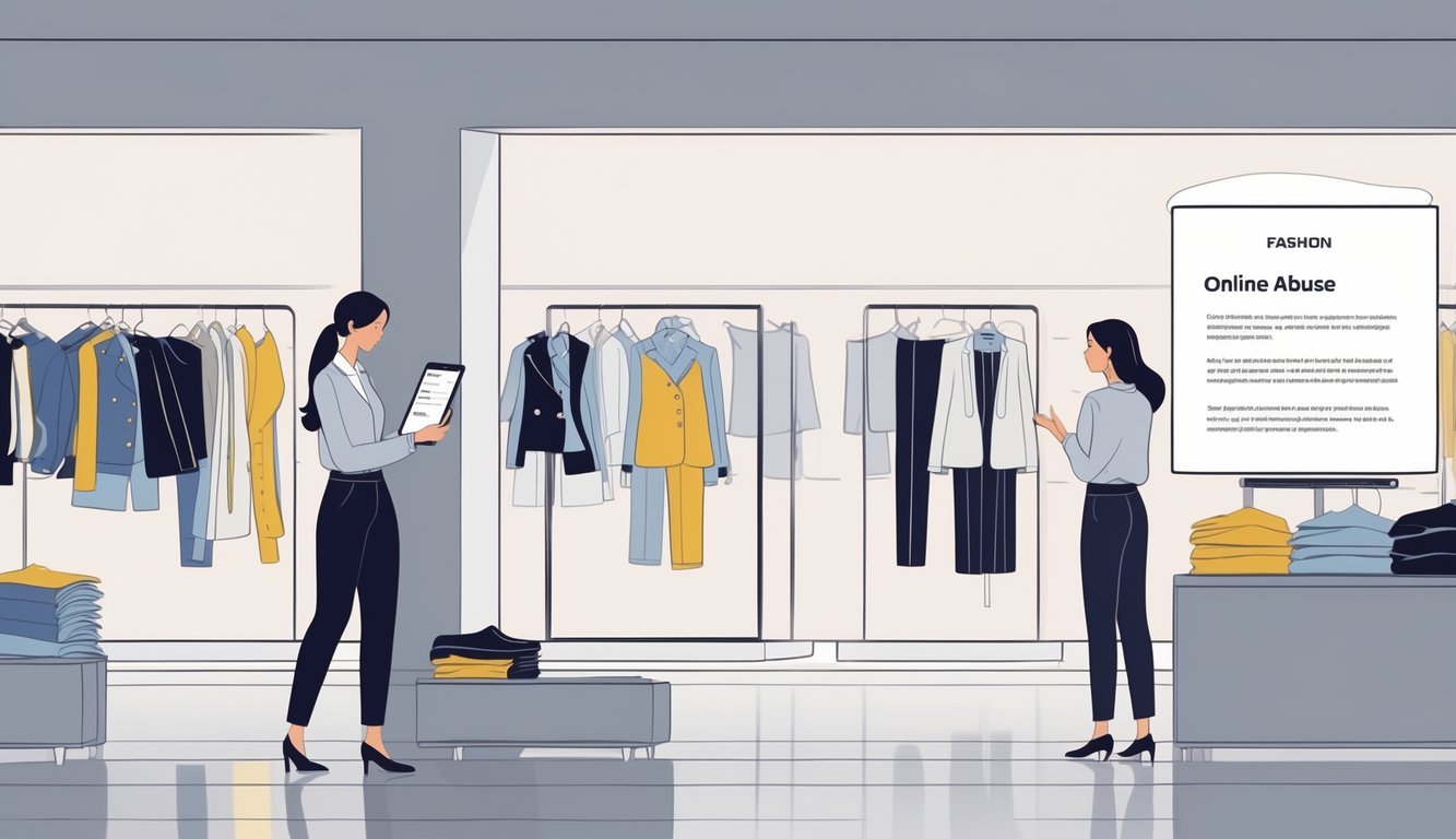 A clothing store scene with a manager reviewing a tablet and a customer service representative talking to a customer amid mannequins dressed in fashionable clothes.