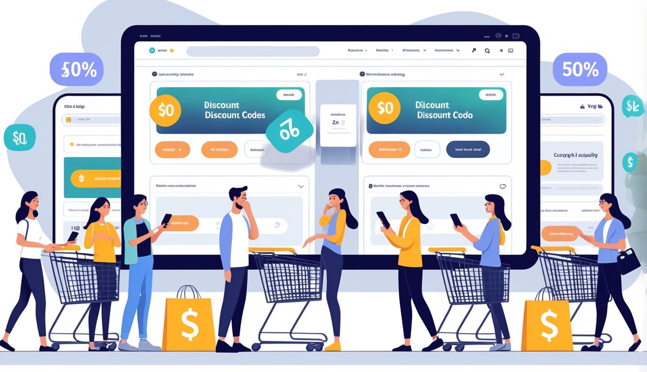 Shoppers looking surprised as discount codes disappear from digital screens in a modern retail setting.