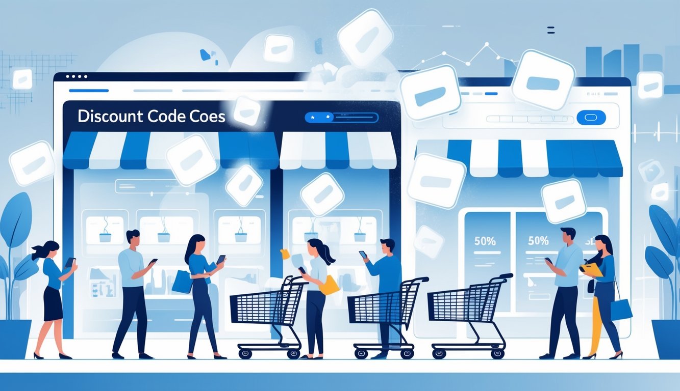 Shoppers looking surprised as discount code icons fade away in a digital shopping environment, showing changes in shopping habits.