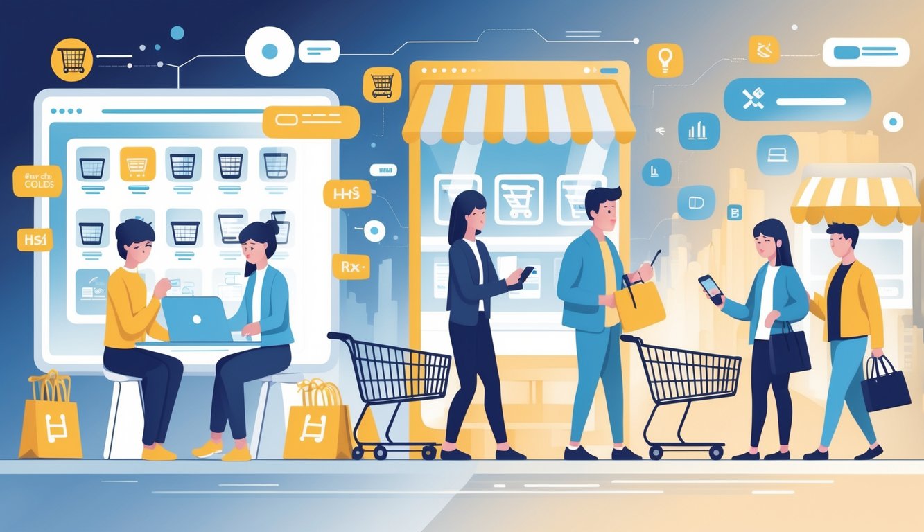 Shoppers using digital devices and visiting stores with fewer discount signs, illustrating changing shopping habits and the disappearance of discount codes.