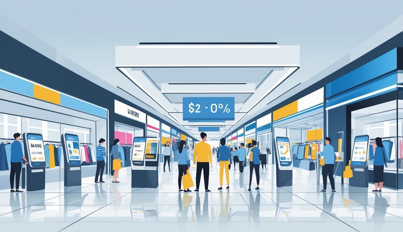 Shoppers interacting with digital devices and browsing modern retail stores without visible discount signs, illustrating changing shopping habits.