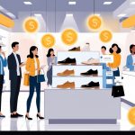 Shoppers browsing designer shoes in a premium outlet store with a cashier assisting a customer.