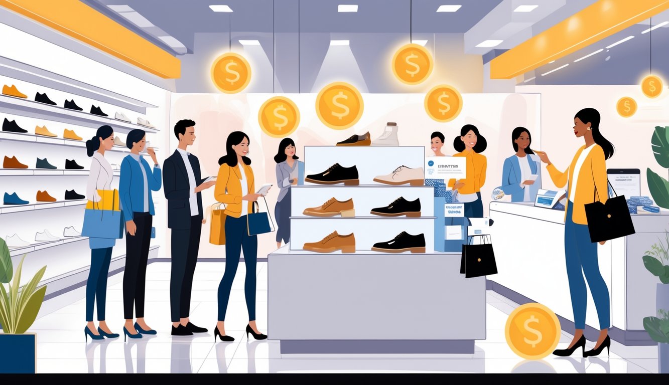 Shoppers browsing designer shoes in a premium outlet store with a cashier assisting a customer.