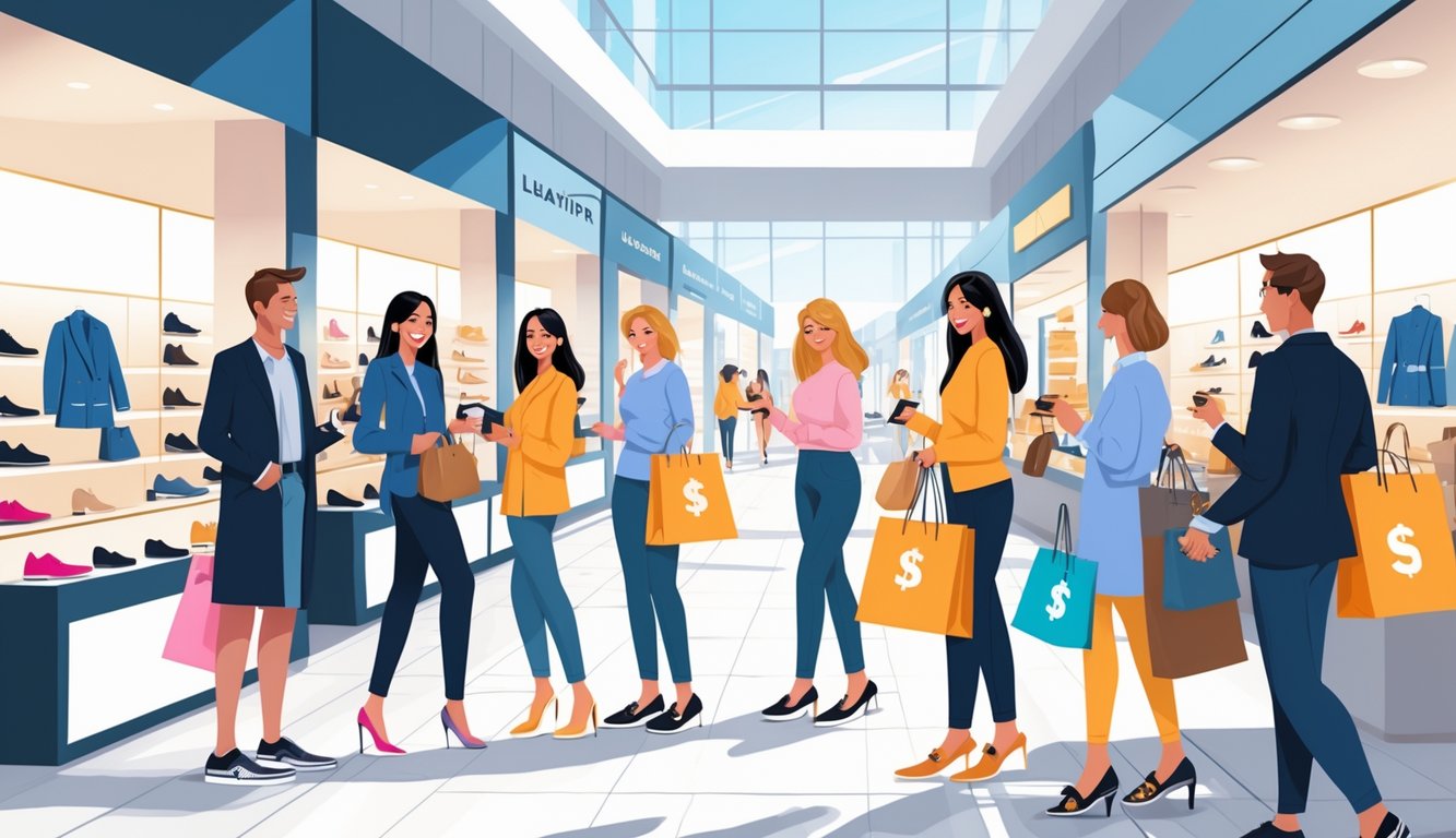 Shoppers trying on designer shoes at a premium outlet mall with displays of fashionable footwear and a bright shopping environment.