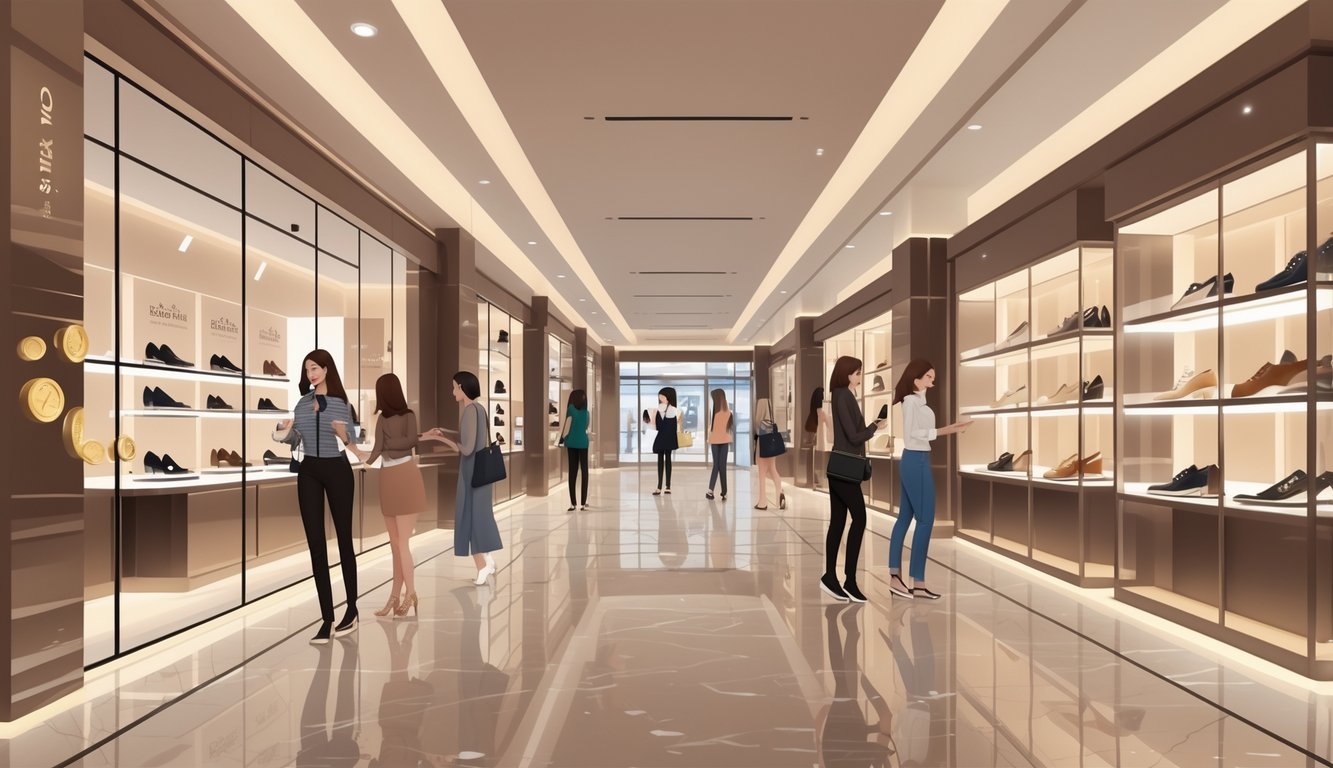 A modern shopping mall corridor with elegant designer shoe stores and fashionable shoppers browsing and trying on shoes.