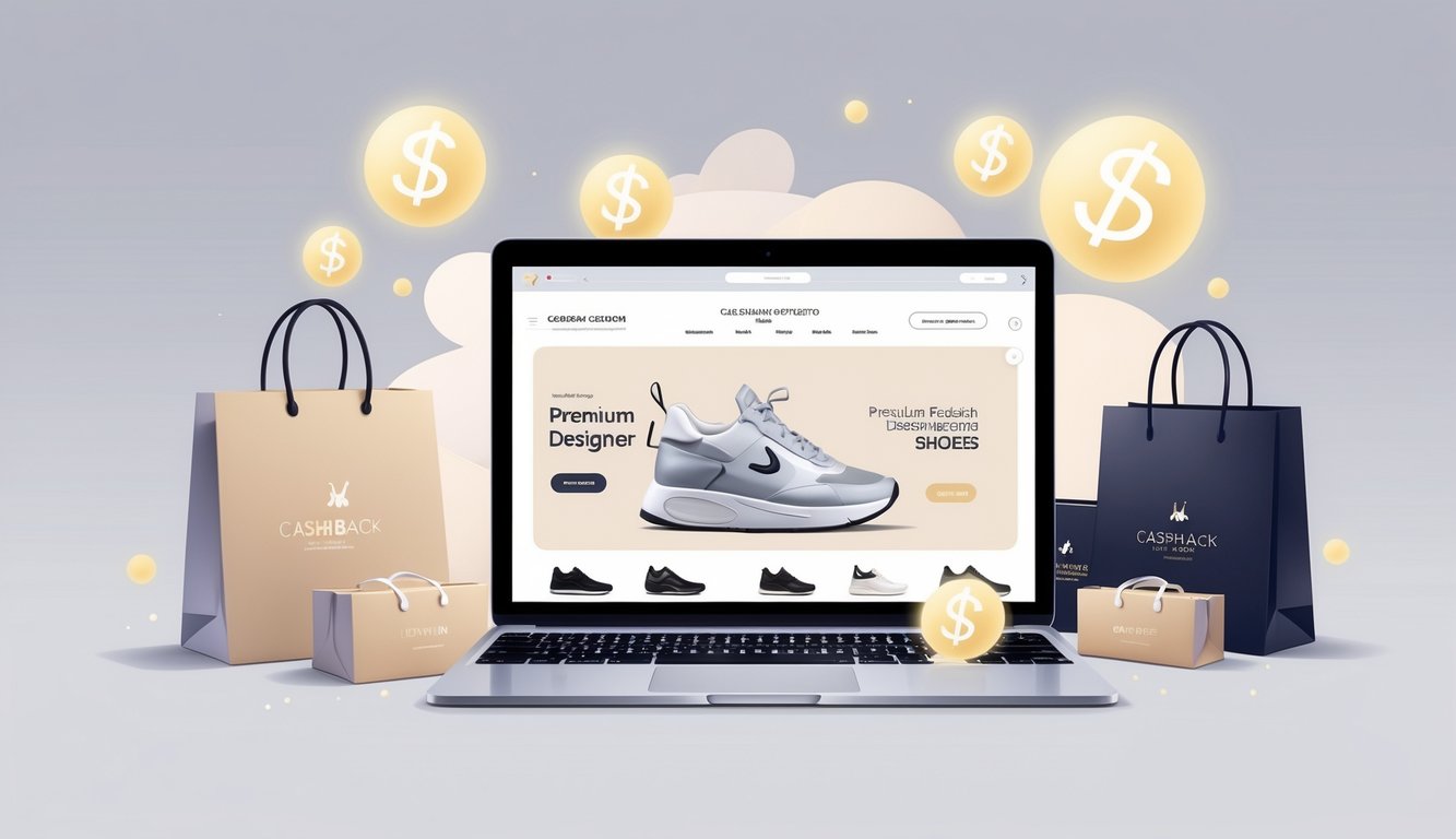 A laptop showing an online store with designer shoes, surrounded by shoe boxes and shopping bags, with icons representing cashback offers.