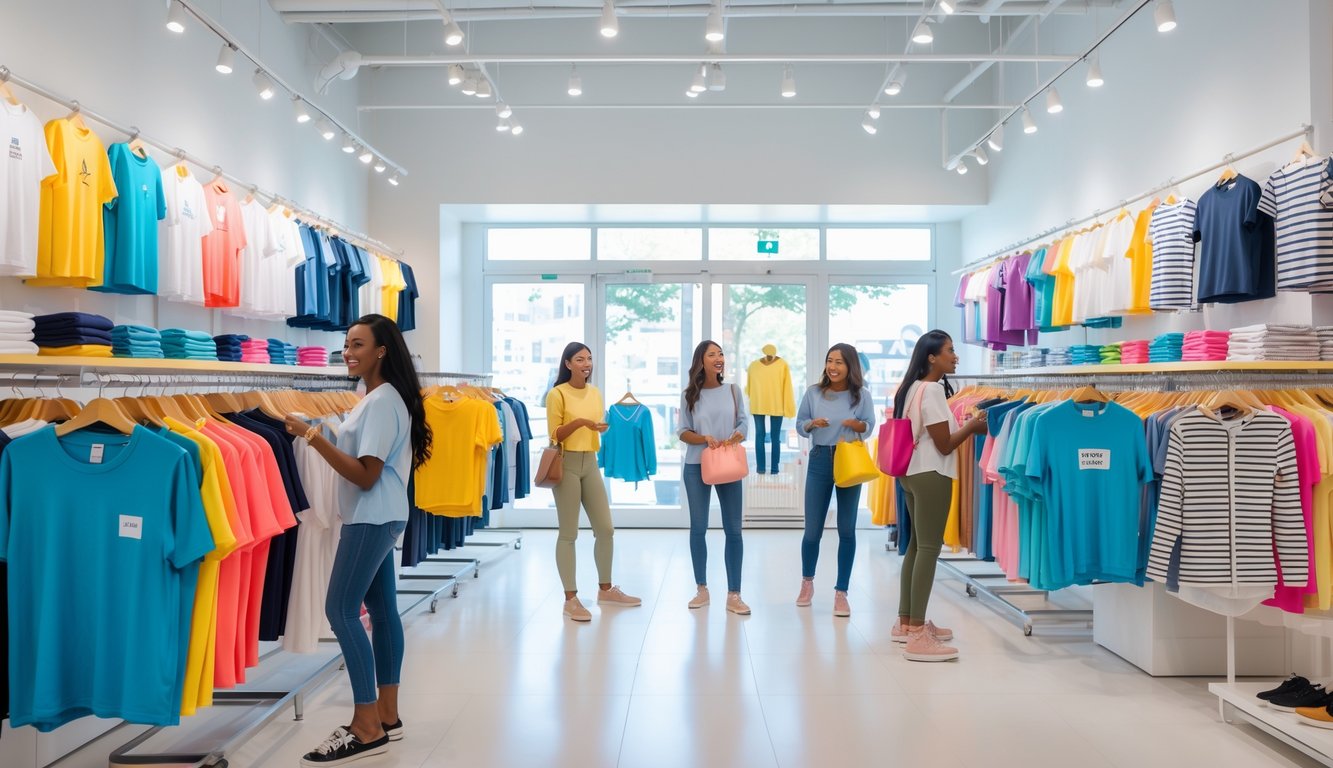 Shoppers browsing casual clothing racks in a bright retail store filled with everyday apparel.