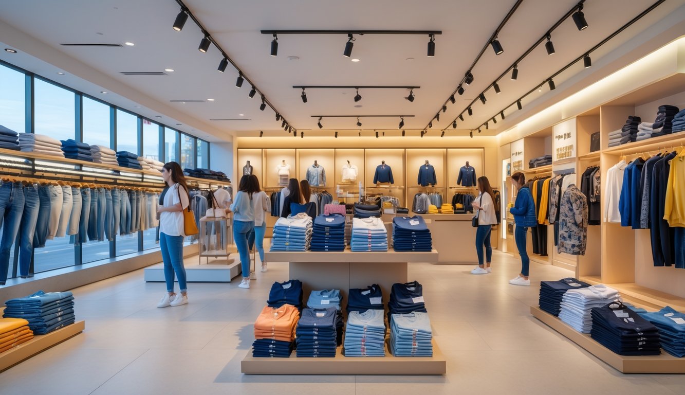 A clothing store interior showing two sections: one with casual everyday clothes and shoppers, and another with high-end designer outfits and fewer customers.