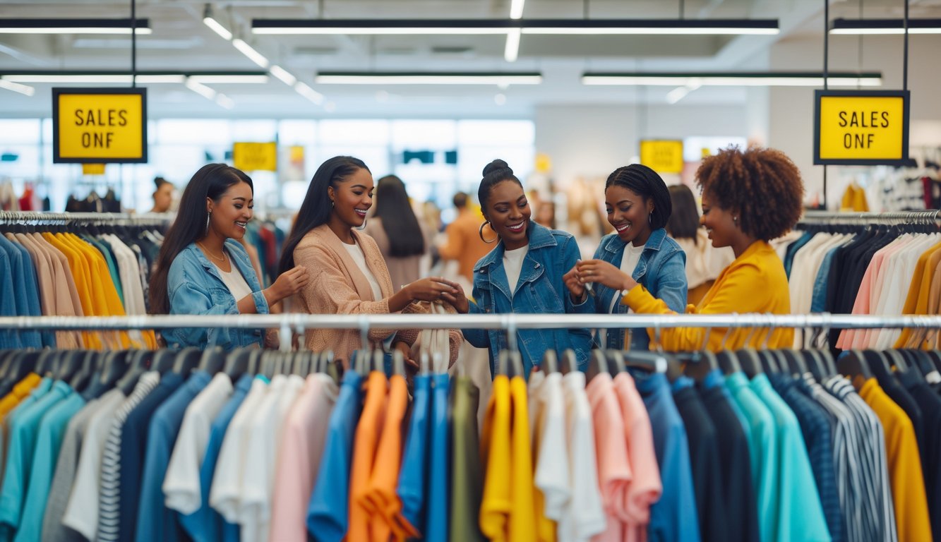 Shoppers browsing and selecting clothing in a busy retail store with staff assisting customers.