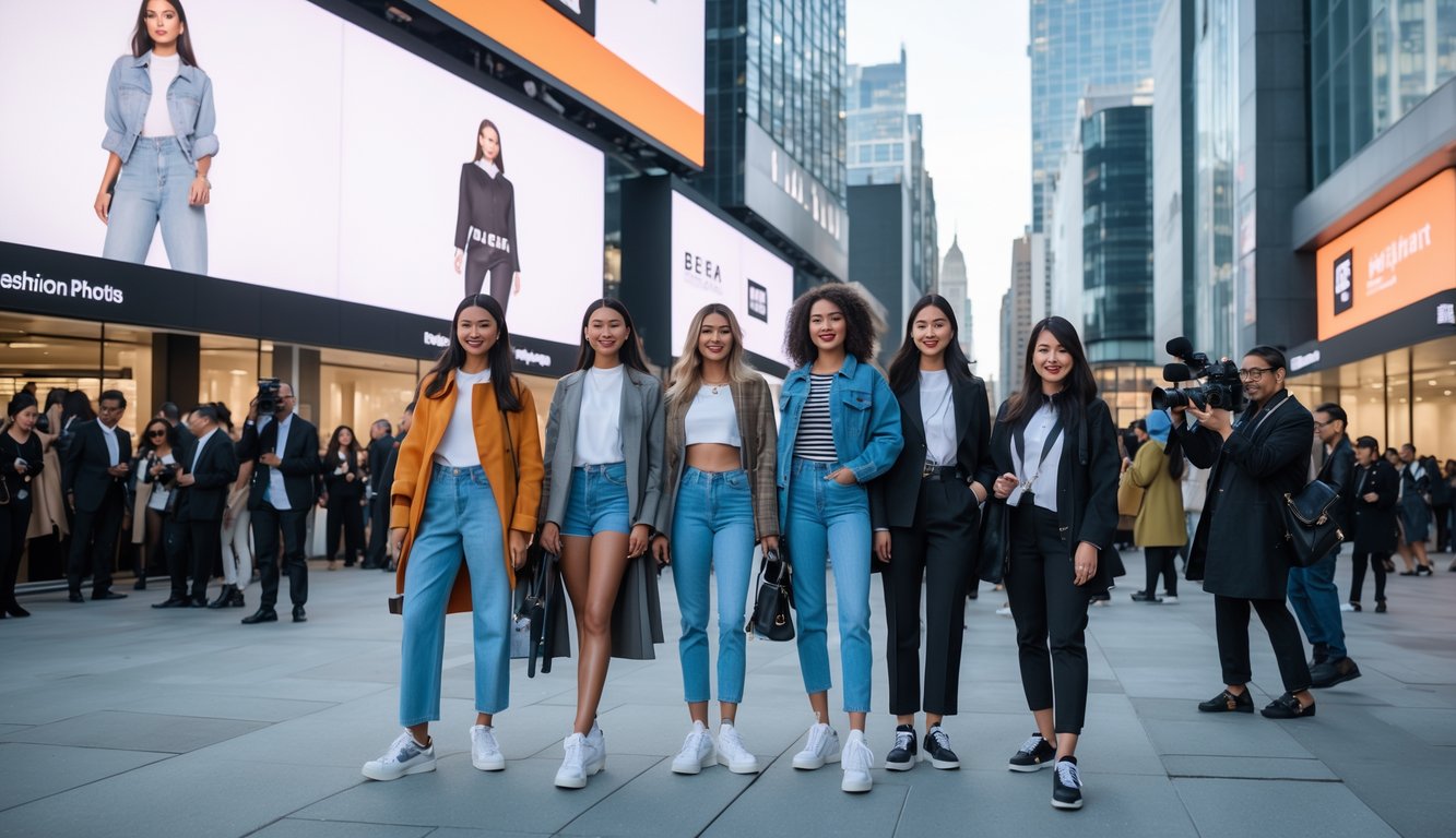 A busy city street during a fashion event with people wearing stylish everyday outfits and photographers capturing the scene.